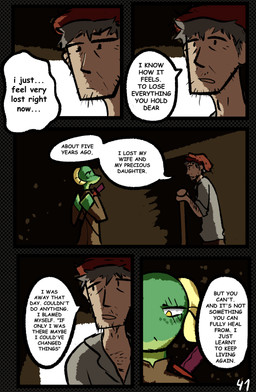 anthro clothed clothing dialogue duo female horn male melee_weapon speech_bubble sword text weapon yellow_eyes brradett lernie_(brradett) human mammal scalie absurd_res colored comic digital_media_(artwork) english_text hi_res
