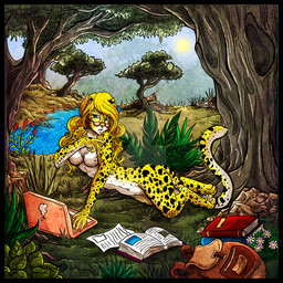 anthro backpack black_border blonde_hair book border breasts claws computer detailed_background electronics eyewear featureless_breasts female fern flower fur glasses grass green_eyes hair implied_transformation laptop markings navel nude outside pawpads plant river rock semi-anthro solo spots spotted_body spotted_fur spotted_markings student sun tail tree water white_body white_fur yellow_body yellow_fur kingv cheetah felid feline mammal 1:1