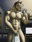 abs anthro beard bedroom biceps big_muscles cellphone detailed_background electronics facial_hair front_view grey_body grey_skin hair horn inside male muscular muscular_anthro muscular_male navel nipples nude pecs phone red_hair selfie solo tattoo towel bgn isaiah mammal rhinoceros portrait three-quarter_portrait