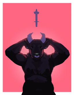 anthro belly biped border breasts brown_body brown_fur crown ear_piercing facial_piercing female fur hands_behind_head headgear horn looking_at_viewer melee_weapon navel nipples nose_piercing nose_ring nude piercing pink_background ring_piercing simple_background solo sword weapon white_border white_horn oystr mara_(oystr) bovid bovine cattle mammal digital_media_(artwork) digital_painting_(artwork) hi_res painting_(artwork)