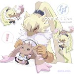 anthro bell bell_collar belt blush bottomwear brown_body brown_fur chibi clothing collar dress duo exclamation_point fluffy_chest fur gloves handwear horn long_ears maid_headdress maid_uniform male pants ponytail_ears uniform 754_0711 bandai_namco digimon digimon_(species) lagomorph leporid lopmon mammal rabbit symbareangoramon 1:1 hi_res