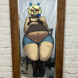 antlers bangs belly belly_inflation big_belly blonde_hair cellphone electronics female fur hair horn inflation mature_female mirror phone selfie smartphone solo tan_body tan_fur tear_trough sodiux deltarune undertale_(series) carol_holiday deer mammal new_world_deer reindeer 1:1 hi_res