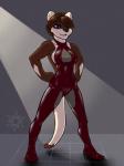 anthro biped blue_eyes bodysuit boots breasts brown_body brown_fur brown_hair clothed clothing female footwear fur hair high_heeled_boots high_heels latex legwear shoes simple_background skinsuit smile solo standing tight_clothing ivory-raven sable_(ivory-raven) mammal mustelid otter 2017 3:4 digital_media_(artwork) hi_res