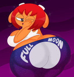 anthro big_breasts big_butt blue_eyes bouncing_breasts bouncing_butt breast_jiggle breasts brown_body brown_fur bubble_butt bulging_breasts butt butt_cleavage butt_jiggle cleavage cleavage_overflow clothed clothing crop_top curvy_figure exposed_breeches eyelashes female fingers fur hair horn hourglass_figure huge_breasts huge_butt jiggling leggings legwear lipstick looking_at_viewer looking_back looking_back_at_viewer makeup midriff motion_lines one_eye_closed red_hair red_lipstick shirt short_hair simple_background small_waist solo thick_thighs tired topwear wide_hips 3barts parappa_the_rapper sony_corporation sony_interactive_entertainment um_jammer_lammy lammy_lamb bovid caprine mammal sheep 2023 absurd_res digital_drawing_(artwork) digital_media_(artwork) hi_res