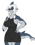 2023 anthro big_breasts black_clothing breasts clothed clothing curvy_figure female fish grin hair hi_res humanoid_face kissxmaker looking_at_viewer marine non-mammal_breasts shark shark_tail simple_background smile solo standing tail teeth thick_thighs tight_clothing wide_hips