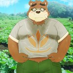 anthro blush bodily_fluids bottomwear brown_body brown_fur clothing eyewear front_view fur glasses humanoid_hands kemono male outside overweight overweight_anthro overweight_male pants shirt solo sweat topwear yaki_atsuage lifewonders tokyo_afterschool_summoners volos_(tas) bear mammal 1:1 2021 hi_res