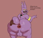 anthro anus armlet balls bent_over big_butt black_claws black_eyes bodily_fluids brown_body butt butt_grab claws disembodied_hand duo ear_piercing fur genitals hairless hand_on_butt huge_butt looking_back male piercing purple_body purple_ears purple_fur purple_nose purple_tail question_mark rear_view sweat tail teeth text thick_thighs tongue yellow_sclera colossalstars dragon_ball dragon_ball_super champa domestic_cat felid feline felis hairless_cat mammal sphynx_(cat) 2025 absurd_res digital_media_(artwork) english_text hi_res