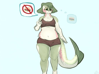 anthro clothed clothing female fin fish_tail freckles overweight overweight_female partially_clothed slightly_chubby solo thick_thighs weight_gain weight_gain_sequence qapricore rowenna_"ro"_uppstream fish marine rainbow_trout salmonid_(fish) trout 4:3 colored_sketch hi_res sequence sketch