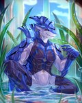 abs anthro clothed clothing crossed_legs featureless_crotch looking_at_viewer male muscular partially_clothed partially_submerged plant sitting smile solo wet zeitzbach voeaillo_sharkel_(zeitzbach) fish marine shark 4:5 hi_res