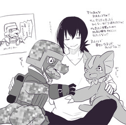 angry anthro armor fighting_over_boy frill_(anatomy) group headgear helmet humor male text trio krork_temp bandai_namco digimon digimon_beatbreak haruomi_sone commandramon digimon_(species) elizamon human mammal scalie hi_res japanese_text translation_request