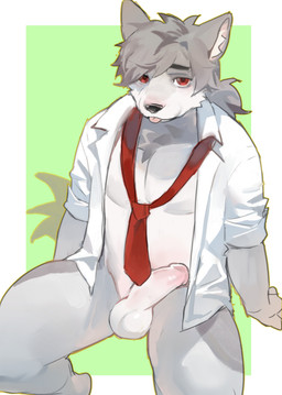 accessory anthro balls black_nose blep chest_tuft clothed clothing fur genitals geometric_background glans green_background grey_body grey_fur grey_hair hair half-erect inner_ear_fluff looking_at_viewer loose_necktie male multicolored_body multicolored_fur muscular necktie open_clothing open_shirt open_topwear penis ponytail red_eyes red_necktie shirt simple_background sitting solo tongue tongue_out topwear tuft white_body white_clothing white_fur white_shirt white_topwear yuuko891 canid canine mammal 2026 absurd_res hi_res