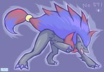 all_fours ambiguous_gender anthro claws fur grey_body grey_fur hair highlights_(coloring) ponytail purple_claws purple_hair purple_inner_ear red_body red_fur sharp_teeth solo teeth toe_claws tongue yellow_eyes gd-058 nintendo pokemon canid canine generation_5_pokemon mammal pokemon_(species) shiny_pokemon zoroark