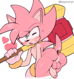 anus backsack balls bodily_fluids bracelet crossgender femboy flaccid foreskin ftm_crossgender gaping gaping_anus genitals gold_(metal) gold_jewelry green_eyes hair hammer heart_symbol holding_object holding_weapon jewelry looking_at_viewer male nude one_eye_closed penis piko_piko_hammer pink_body pink_hair short_hair sweat tools weapon hpyononyo sega sonic_the_hedgehog_(series) amy_rose eulipotyphlan hedgehog mammal colored hi_res signature