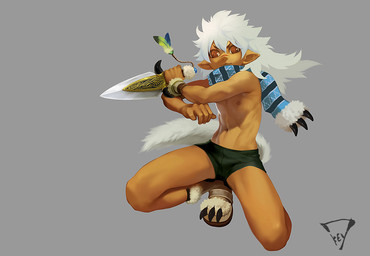 5_fingers clothing crouching dagger fighting_pose fingers footwear front_view grey_background hair holding_object holding_weapon humanoid_pointy_ears male melee_weapon muscular muscular_humanoid muscular_male navel nipples pointy_ears pose scarf shoes simple_background smile solo underwear weapon white_hair young kiske_7key humanoid 2016 hi_res signature