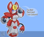 anthro big_breasts big_ears big_hands blue_background blue_eyes blue_sclera breasts clothing curvy_figure dialogue female fingers grey_body grey_skin machine navel panties plug red_body red_skin simple_background solo standing text thick_thighs under_boob underwear voluptuous wide_hips mklancer00 medabots peppercat_(medabots) felid feline mammal peppercat robot 2020 digital_media_(artwork) english_text hi_res