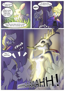ambiguous_gender anthro areola blonde_hair blue_eyes bone breasts clothed clothing duo female feral genitals group hair machete male melee_weapon nipples skull solo speech_bubble tail text trio vulva weapon young young_anthro young_female young_male galo tammy_(tycloud) tycloud canid canine fox lagomorph leporid mammal rabbit absurd_res comic english_text hi_res multiple_scenes cousins_(lore)