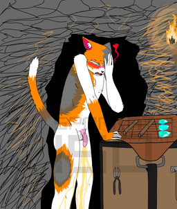 anthro blush bodily_fluids genital_fluids genitals leaning_on_table male nipples nude nude_male omorashi peeing penis solo tail tears_of_relief urine watersports wetting sparkat150 microsoft minecraft mojang xbox_game_studios calico_cat domestic_cat felid feline felis mammal hi_res