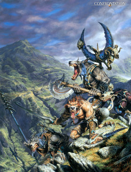 3_toes abs angry anthro arm_support armor axe battle_axe biceps big_muscles black_body black_fur black_nose blue_body blue_fur bone brown_body brown_fur claws clothed clothing cloud collar crouching detailed_background ear_piercing fangs fantasy_axe fantasy_sword fantasy_weapon feet fur grass group holding_object holding_weapon jewelry kneeling landscape looking_at_viewer male mane melee_weapon mountain muscular necklace open_mouth outside pecs piercing plant polearm ranged_weapon rock ruins shield skull sky snarling spear sword tattoo teeth toe_claws toes topless trophy_neckalce weapon yellow_eyes yellow_teeth paul_bonner mythology rackham_entertainment avian bird canid canine canis corvid corvus_(genus) crow mammal mythological_canine mythological_creature oscine passerine werecanid werecanine werecreature werewolf wolf detailed hi_res official_art