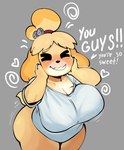 anthro big_breasts blonde_hair blush breasts eyes_closed female fur grey_background hair happy huge_breasts long_ears short_stack simple_background smile solo thick_thighs wide_hips yellow_body yellow_fur apsel_bluestar animal_crossing nintendo isabelle_(animal_crossing) canid canine canis domestic_dog mammal shih_tzu toy_dog hi_res