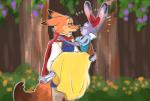 accessory anthro bow_(feature) bow_accessory bow_ribbon bridal_carry carrying_another clothing dress duo female flower forest hair_accessory hair_bow hair_ribbon imminent_kiss male outside plant prince ribbons romantic romantic_ambiance royalty tree harusuke disney snow_white_and_the_seven_dwarfs zootopia judy_hopps nick_wilde snow_white canid canine fox lagomorph leporid mammal rabbit red_fox true_fox 2016 crossover