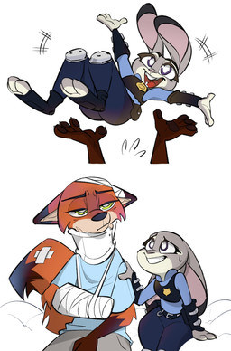anthro armor bandage blue_uniform bodily_fluids buckteeth bulletproof_vest butt cast clothing duo embarrassed female green_eyes knee_pads male male/female medical_sling neck_brace open_mouth open_smile police police_badge police_uniform purple_eyes smile sweat sweatdrop tail teeth throwing_character uniform wounded bl394 disney zootopia judy_hopps nick_wilde canid canine european_rabbit fox lagomorph leporid mammal oryctolagus rabbit red_fox true_fox absurd_res hi_res