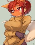 4_fingers anthro arm_under_breasts big_breasts blush breasts brown_body brown_eyes brown_fur claws clothed clothing female female_anthro finger_claws fingers fur hair kemono multicolored_body multicolored_fur orange_body orange_fur red_hair solo sweater tail topwear white_body white_fur yellowparrottw yellowparrottw's_wolf canid canine mammal maned_wolf 2022 absurd_res digital_media_(artwork) hi_res