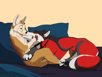 ambiguous_gender anthro anthro_on_feral bestiality blue_eyes brown_body brown_fur brown_nose closed_smile duo ears_back eyes_closed facial_markings feral fur grey_body grey_fur head_markings licking licking_another male male/ambiguous markings mouth_closed narrowed_eyes orange_body orange_fur pillow pivoted_ears red_body red_fur smile tan_body tan_fur tongue white_body white_fur unbreakable-warrior yipsky canid canine fennec_fox fox mammal true_fox 2020 4:3 dated signature