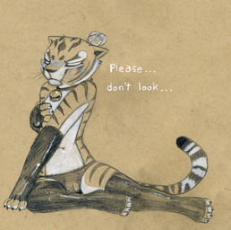 anthro armwear bell bell_collar clothing collar elbow_gloves female fingerless_gloves flower_accessory genitals gloves handwear legwear panties sad slave solo stockings stripes tail underwear vulva tush_(artist) dreamworks kung_fu_panda master_tigress felid mammal pantherine tiger