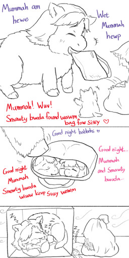 ambiguous_gender bag box cardboard cardboard_box color_coded_text container crotch_breasts daww eyes_closed feral good_parenting hooves lying mouth_hold on_front purple_text red_text sleeping sleeping_together smile sound_effects tail teeth text trash_bag vowelless vowelless_sound_effect wind young young_ambiguous young_feral zzz yellowcottoncandy030 fluffy_pony fluffy_pony_(species) mammal 1:2 2025 absurd_res broken_language comic digital_drawing_(artwork) digital_media_(artwork) english_text hi_res brother_(lore) brother_and_sister_(lore) mother_(lore) mother_and_child_(lore) parent_(lore) parent_and_child_(lore) sibling_(lore) sister_(lore)