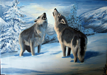 black_body black_fur blue_sky duo evergreen_tree feral fur gradient_fur grey_body grey_fur howl mountain pine_tree plant quadruped sky snow tree white_body white_fur mihin89 canid canine canis mammal wolf 2017 oil_painting_(artwork) painting_(artwork) traditional_media_(artwork) traditional_painting_(artwork)