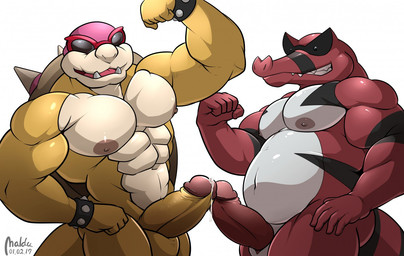 abs anthro areola bald balls barazoku biceps big_balls bodily_fluids cum cum_on_penis cum_string duo erection eyewear fist flexing genital_fluids genitals glasses humanoid_genitalia humanoid_penis interspecies looking_at_viewer male male/male manly musclegut muscular navel nipples non-mammal_balls non-mammal_nipples nude open_mouth orgasm pecs penile penis penises_touching pokephilia sharp_teeth shell simple_background smile spikes standing teeth text thick_penis white_background maldu mario_bros nintendo pokemon koopaling roy_koopa crocodile crocodilian generation_5_pokemon koopa krookodile pokemon_(species) reptile scalie 2017 artist_name crossover dated signature