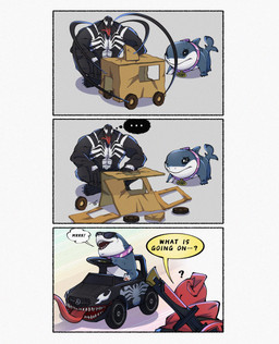 car dialogue eyewear feral group humor long_tongue male sharp_teeth sunglasses teeth text tongue tongue_out trio vehicle yamuoez marvel marvel_rivals deadpool jeff_the_land_shark venom_(marvel) human humanoid mammal monster symbiote comic english_text hi_res