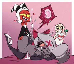 ahegao armwear bed big_breasts big_butt blonde_hair bodily_fluids boots bottomwear bow_ribbon bra breasts butt butt_grab cleavage clothed clothed_sex clothing cuckquean cum cum_drip cum_in_vagina cum_inside dripping female fingerless_gloves footwear furniture genital_fluids gloves grey_body grey_hair group hair hand_on_butt handwear heart_symbol high_heeled_boots high_heels holding_money holding_object horn impregnation larger_female legwear looking_pleasured male male/female money navel on_bed one_eye_obstructed ovum panties prostitution red_body red_sclera sex sharp_teeth shoes simple_background size_difference smaller_male smile teeth thick_thighs thigh_boots thigh_highs trio underwear white_body wide_hips yellow_sclera nelljoestar hazbin_hotel hellaverse helluva_boss charlie_morningstar moxxie_(helluva_boss) vaggi_(hazbin_hotel) angel angel_humanoid demon demon_humanoid humanoid imp 2023 hi_res