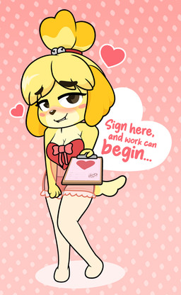 bite biting_lip blushing_at_viewer clipboard clothing female fur heart_symbol holidays legwear lingerie negligee panties stockings text underwear yellow_body yellow_fur dm29 animal_crossing nintendo valentine's_day isabelle_(animal_crossing) canid canine canis domestic_dog mammal shih_tzu toy_dog english_text hi_res