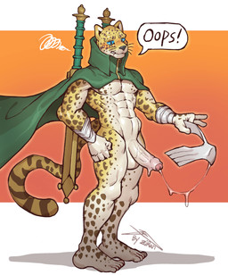 abs anthro armwear balls bodily_fluids bottomless cape cape_only clothed clothing codpiece cum cum_drip dialogue dripping embarrased_horny embarrassed erection foreskin fur genital_fluids genitals green_eyes humanoid_genitalia humanoid_penis male markings melee_weapon mostly_nude muscular muscular_anthro muscular_male nude pecs penis precum simple_background solo spots spotted_markings standing sweat sweatdrop sword tail thong underwear undressing weapon whiskers white_body white_fur yellow_body yellow_fur ziran atlus megami_tensei sega ose_(megami_tensei) felid leopard mammal pantherine 2025 digital_drawing_(artwork) digital_media_(artwork) hi_res signature