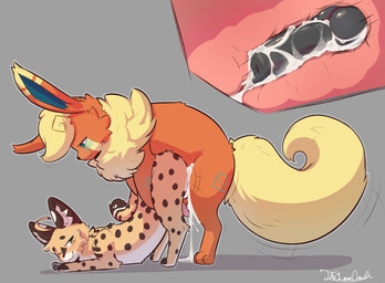 ahoge anal animal_genitalia animal_penis black_pawpads black_penis blush bodily_fluids brown_body brown_ears brown_fur canine_genitalia canine_penis chest_down_ass_up cum cum_inside cum_on_penis cum_string doggystyle duo feline_genitalia feline_penis feral fluffy fluffy_tail from_behind_position fur genital_fluids genitals green_eyes green_markings hair head_tuft internal knot knotted_penis looking_back male male/male markings orange_body orange_fur orgasm pawpads paws penile_spines penis pink_penis sex smile spots spotted_body spotted_fur tail tuft yellow_body yellow_fur thelonearch nintendo pokemon arch_(thelonearch) puffy_(puffyfluff) eeveelution felid feline flareon generation_1_pokemon mammal pokemon_(species) serval hi_res