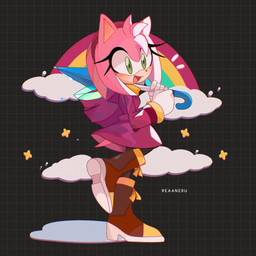 5_fingers anthro biped boots clothed clothing cloud eyelashes female fingers footwear fur gloves green_eyes handwear holding_object holding_umbrella kemono on_one_leg pattern_background pink_body pink_fur rainbow shoes simple_background smile solo standing text umbrella reaaneru sega sonic_the_hedgehog_(series) amy_rose eulipotyphlan hedgehog mammal 1:1 2022 digital_media_(artwork) digital_painting_(artwork) full-length_portrait hi_res painting_(artwork) portrait signature