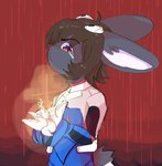 ambiguous_gender anthro bodily_fluids clothed clothing crying death duo feral male power_suit raining solo tears bloowolfy lagomorph leporid mammal rabbit 2022 hi_res