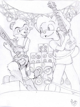 anthro bass_guitar bottomwear clothed clothing electric_guitar front_view guitar hair happy head_tuft holding_guitar holding_musical_instrument holding_object logo male male_anthro markings musical_instrument open_mouth open_smile plucked_string_instrument short_hair shorts smile solo speaker stage standing string_instrument striped_markings striped_tail stripes tail tail_markings topless tuft young young_anthro young_male pandapaco art_(pandapaco) domestic_cat felid feline felis mammal procyonid raccoon artist_logo hi_res monochrome signature sketch