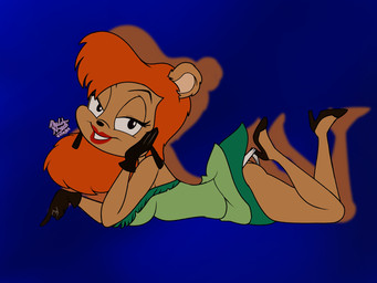 anthro butt clothed clothing clothing_pull dress female footwear gloves hair handwear high_heels looking_at_viewer lying on_front panties panty_pull red_hair shoes shortstack simple_background solo teasing underwear underwear_pull the_calm_shock hooked_on_heel_(trend) tiny_toon_adventures warner_brothers julie_bruin bear mammal 4:3 hi_res