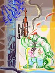 abstract_art anthro barazoku baseball_cap bodily_fluids cigar clothing genital_fluids hairy hat headgear headwear male peeing prosthetic prosthetic_arm prosthetic_limb smoke smoking solo standing urine cagorical alligator alligatorid crocodilian reptile scalie absurd_res hi_res