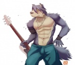 abs anthro biceps big_muscles biped bottomwear bulge chest_tuft clothed clothing dog_tags electric_guitar fur guitar hair jewelry male muscular muscular_anthro muscular_male musical_instrument necklace nipples pants pecs plucked_string_instrument pose simple_background solo standing string_instrument topless tuft yellow_eyes cuson morenatsu kouya_(morenatsu) canid canine canis domestic_dog husky mammal nordic_sled_dog spitz 2013