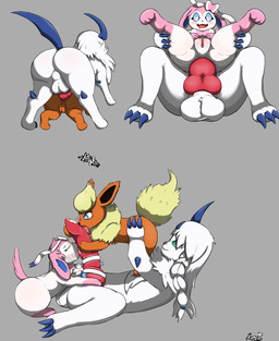anal anal_penetration animal_genitalia anus backsack balls big_butt big_penis blue_eyes blue_sclera blush bodily_fluids braided_hair butt chest_tuft cum fangs fellatio female feral fur genital_fluids genitals green_eyes group group_sex hair holding_both_legs huge_penis humanoid_genitalia licking looking_at_butt looking_at_genitalia looking_pleasured lying male male/female masturbation neck_tuft on_back open_mouth oral orange_body orange_fur penetration penile penis penis_lick pink_body pink_fur raised_tail saliva saliva_on_tongue saliva_string sex simple_background size_difference smaller_female smaller_penetrated sound_effects tail teeth tongue translucent trio tuft vaginal_fluids vulva white_body white_eyes white_fur white_hair white_sclera yellow_body yellow_fur majika nintendo pokemon absol canid canine eeveelution flareon generation_1_pokemon generation_3_pokemon generation_6_pokemon mammal pokemon_(species) sylveon 2025 absurd_res hi_res multiple_scenes