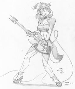 alternative_fashion anthro clothed clothing electric_guitar eyes_closed female footwear fur guitar hair high_heels midriff music musical_instrument playing_guitar playing_music plucked_string_instrument punk shoes simple_background solo string_instrument tail white_background baron_engel laretta canid canine canis mammal wolf absurd_res graphite_(artwork) hi_res monochrome traditional_media_(artwork)