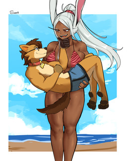 accessory anthro beach big_breasts bikini bikini_top breasts carrying_another carrying_partner clothed clothing collar detailed_background duo eye_contact eyewear female fur hair hair_accessory hair_ribbon hand_on_chin long_hair looking_at_another male male/female muscular muscular_female open_mouth outside red_eyes ribbons sand seaside shirtless shirtless_anthro shirtless_male sky smile smiling_at_another smiling_at_partner sunglasses sunglasses_on_face swimming_trunks swimwear tail thick_thighs two-piece_swimsuit water wearing_sunglasses white_hair shibbunny my_hero_academia rumi_usagiyama scott_(corgipudding) animal_humanoid canid canine canis domestic_dog herding_dog human humanoid lagomorph lagomorph_humanoid leporid_humanoid mammal mammal_humanoid pastoral_dog rabbit_humanoid welsh_corgi absurd_res hi_res