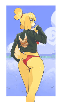 5_fingers accessory anthro bikini black_clothing black_jacket black_topwear bottomwear breasts butt clothed clothing cloud countershading female fingers fur hair hair_accessory jacket looking_at_viewer looking_back open_mouth outside pose rear_view red_bikini red_clothing red_swimwear sky solo standing swimwear teeth topwear two-piece_swimsuit yellow_body yellow_fur nanokindred animal_crossing nintendo isabelle_(animal_crossing) canid canine canis domestic_dog mammal shih_tzu toy_dog 2022 absurd_res digital_media_(artwork) hi_res portrait three-quarter_portrait
