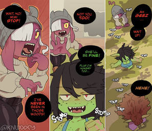 5_fingers ahoge arm_scar beanie black_hair breasts brown_hair cleavage clothed clothing ears_down female fingers freckled_face freckles green_body green_skin grey_beanie grey_clothing grey_hat grey_headwear group hair half-closed_eyes hat headgear headwear humanoid_pointy_ears long_hair narrowed_eyes open_mouth pivoted_ears pointy_ears red_body red_skin scar smile standing text trio white_hair yellow_sclera knuxy camille_(knuxy) mimi_(knuxy) zoey_(knuxy) goblin humanoid imp comic english_text