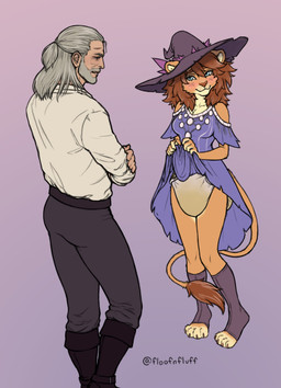 anthro blush bodily_fluids brown_hair clothed clothing clothing_lift diaper dress duo eye_contact female genital_fluids grey_hair hair hat headgear headwear looking_at_another male male/female presenting_diaper simple_background tail unclean_diaper urine used_diaper wearing_diaper wet_diaper witch_costume witch_hat floofnfluff felid human lion mammal pantherine absurd_res hi_res
