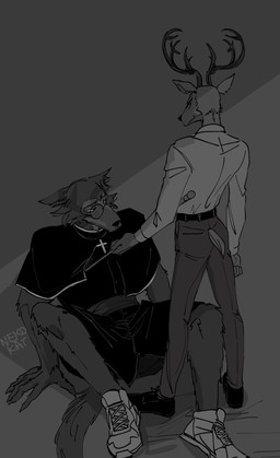 5_fingers anthro anthro_on_anthro bdsm biped butt clothed clothing discipline duo embarrassed fingers horn larger_male larger_sub male male/male midriff priest riding_crop roleplay size_difference smaller_male standing submissive suit whip nekokat42 beastars legoshi_(beastars) louis_(beastars) canid canine canis cervine deer mammal red_deer wolf 2019 hi_res monochrome
