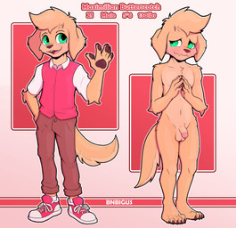anthro balls blush bottomwear clothed clothing embarrassed feet femboy flaccid footwear foreskin genitals gesture green_eyes humanoid_genitalia humanoid_penis male nude open_mouth open_smile paws penis pink_background shoes shy simple_background smile sneakers solo tail text waving bnbigus maximilian_butterscotch_(bnbigus) canid canine canis domestic_dog mammal 2024 3:2 absurd_res english_text hi_res model_sheet
